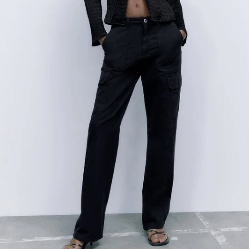 Zara High Rise Straight Leg Cargo Pants Black
